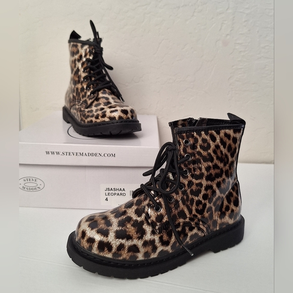 NIB Steve Madden Girl's Women's side zip combat boots glitter leopard lace up - Picture 1 of 11